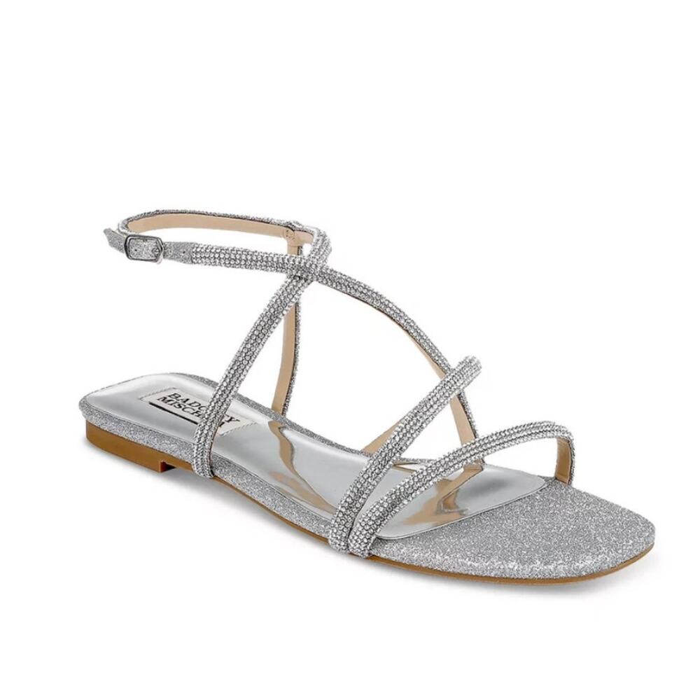 Badgley Mischka Ivie Sandal Sz 8 Flat Silver Strappy Sparkly Crystal Embellished